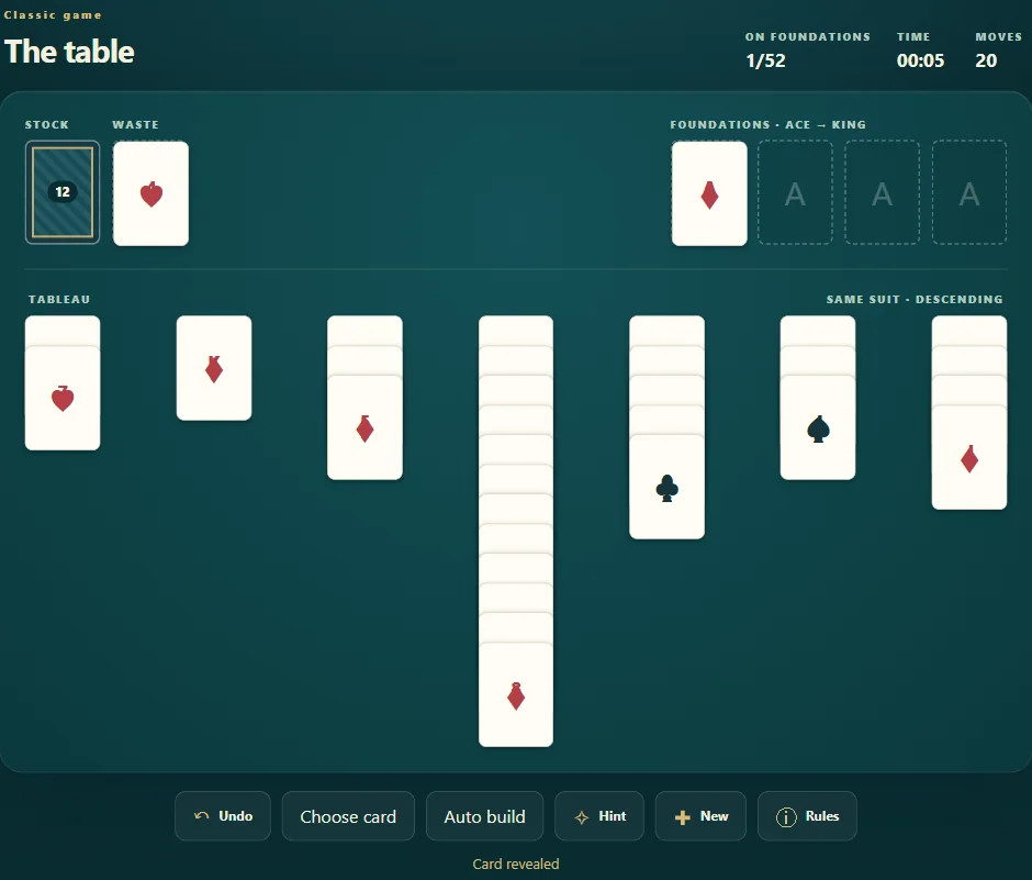 Australian Patience board, position 3 in actual gameplay with dealt cards and visible foundations.
