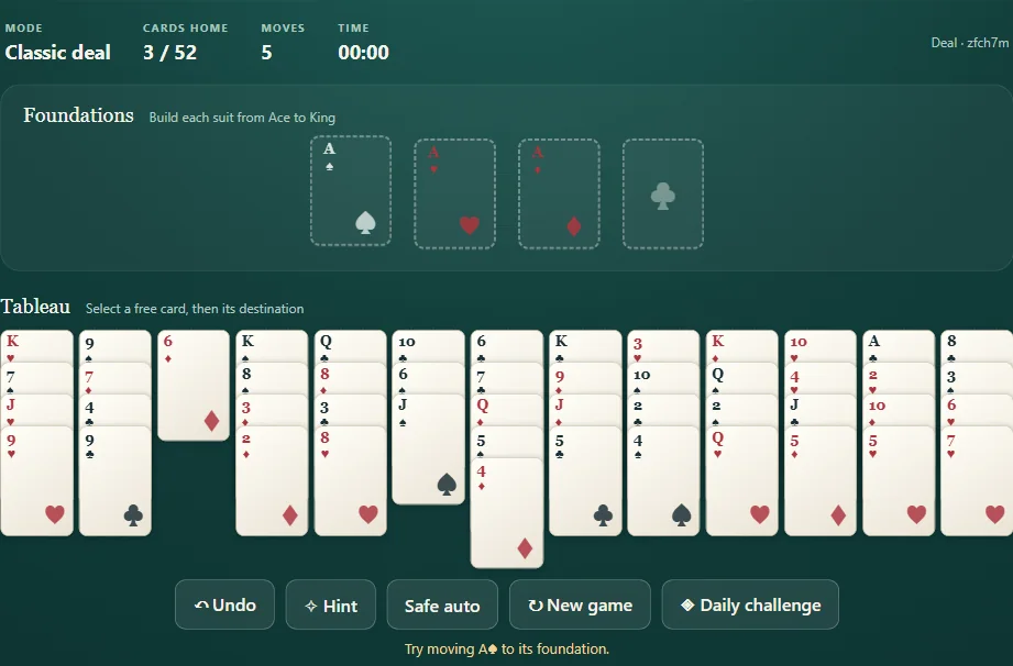 Baker’s Dozen board, position 1 in actual gameplay with dealt cards and visible foundations.