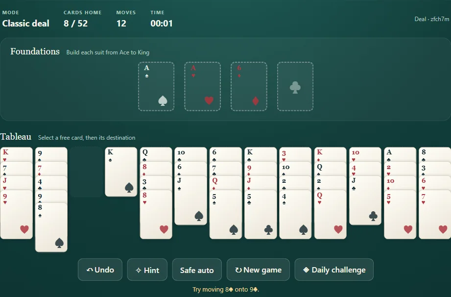 Baker’s Dozen board, position 2 in actual gameplay with dealt cards and visible foundations.