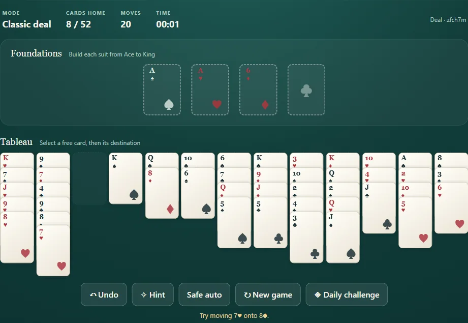 Baker’s Dozen board, position 3 in actual gameplay with dealt cards and visible foundations.