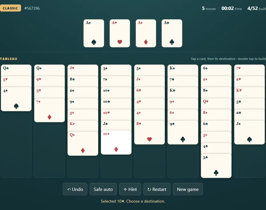 Beleaguered Castle board, position 1 in actual gameplay with dealt cards and visible foundations.