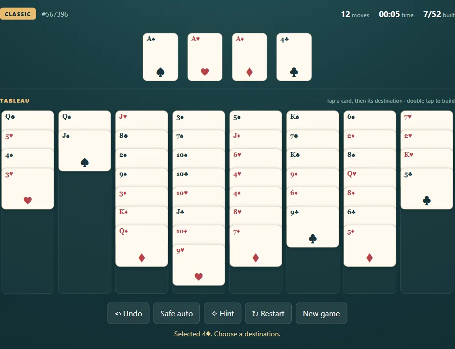 Beleaguered Castle board, position 2 in actual gameplay with dealt cards and visible foundations.