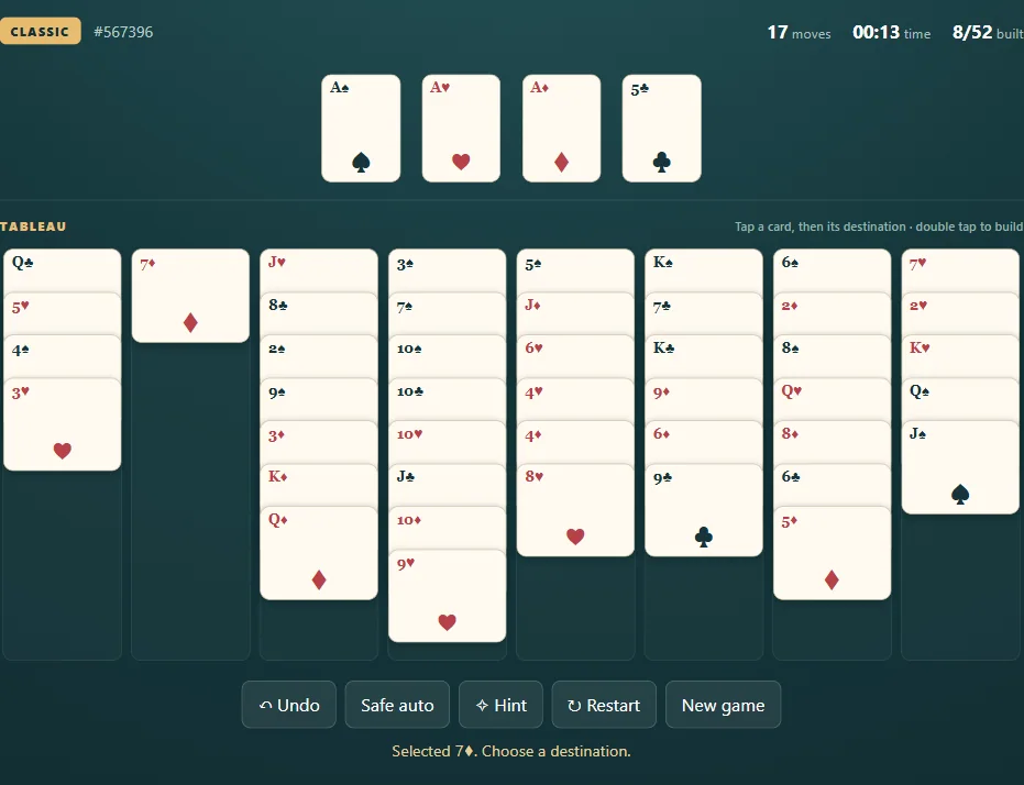 Beleaguered Castle board, position 3 in actual gameplay with dealt cards and visible foundations.