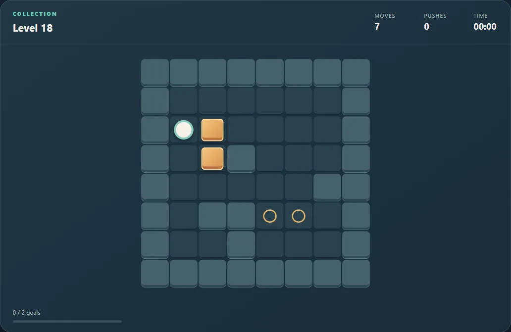 Box Pusher level 18 after 7 moves, with two crates and interior walls.