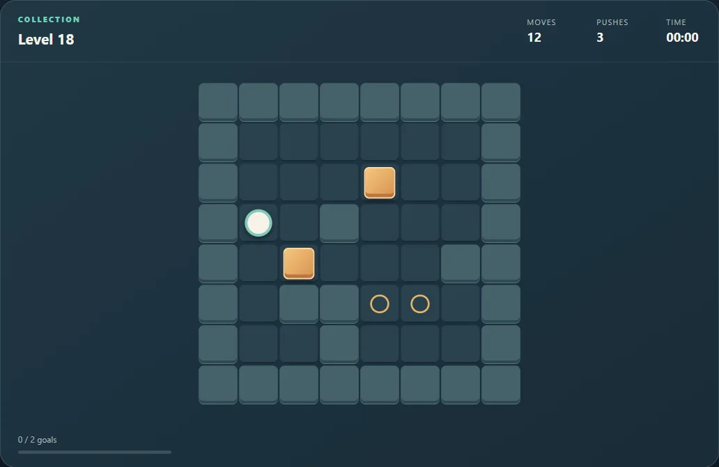 Box Pusher level 18 after 12 moves, with two crates and interior walls.