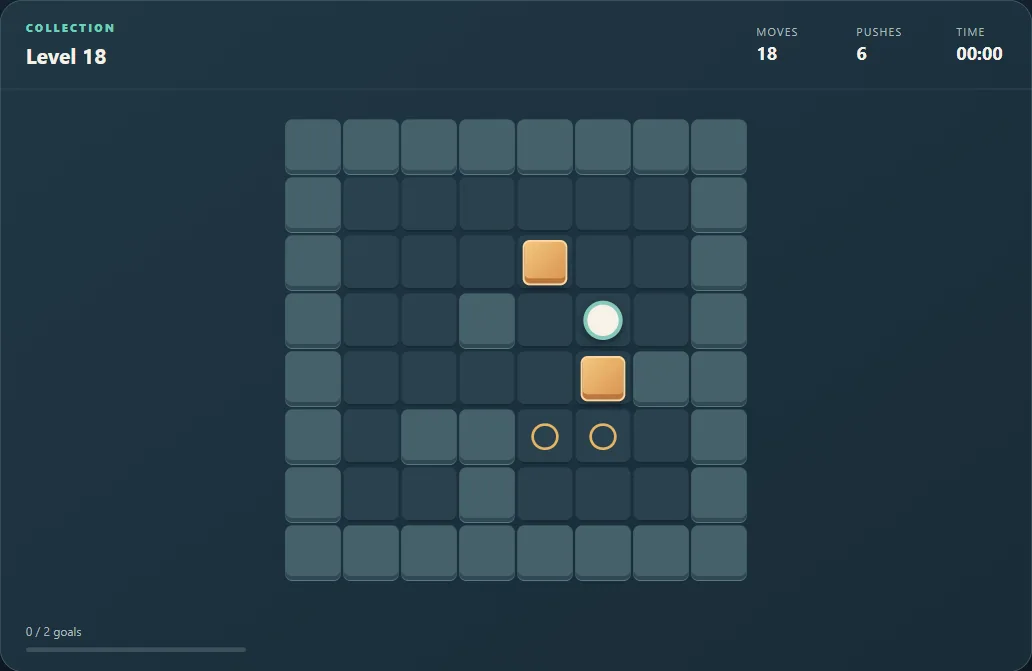 Box Pusher level 18 after 18 moves, with two crates and interior walls.
