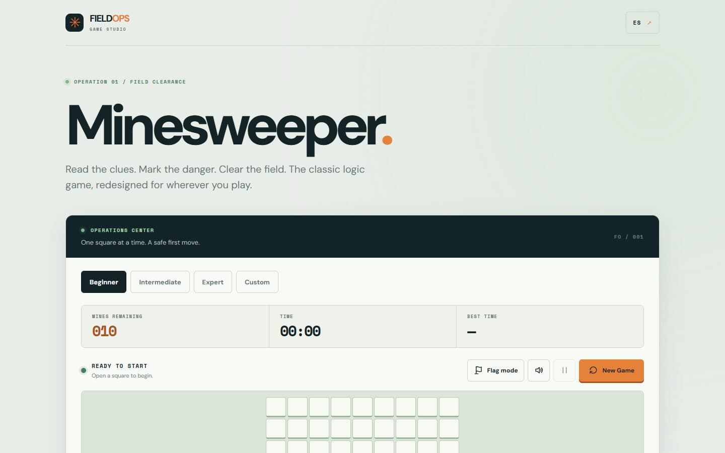 Minesweeper Field Ops board with cells and clues