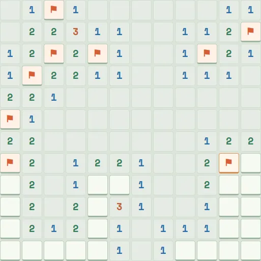 Advanced field with numbered clues and more revealed safe squares