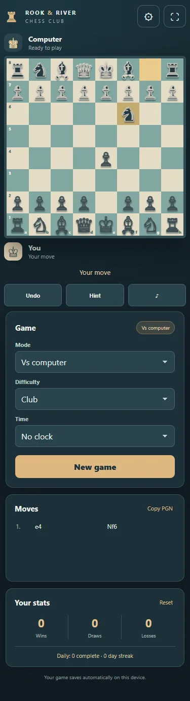 Mobile Chess layout with board and game controls.