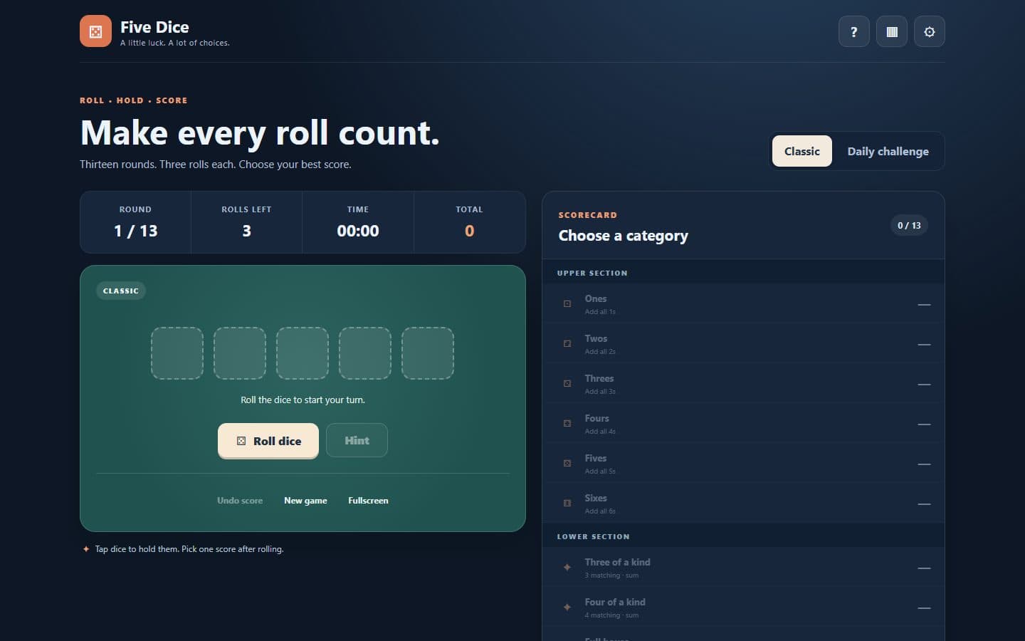 Five Dice dice and scorecard with the Spanish interface