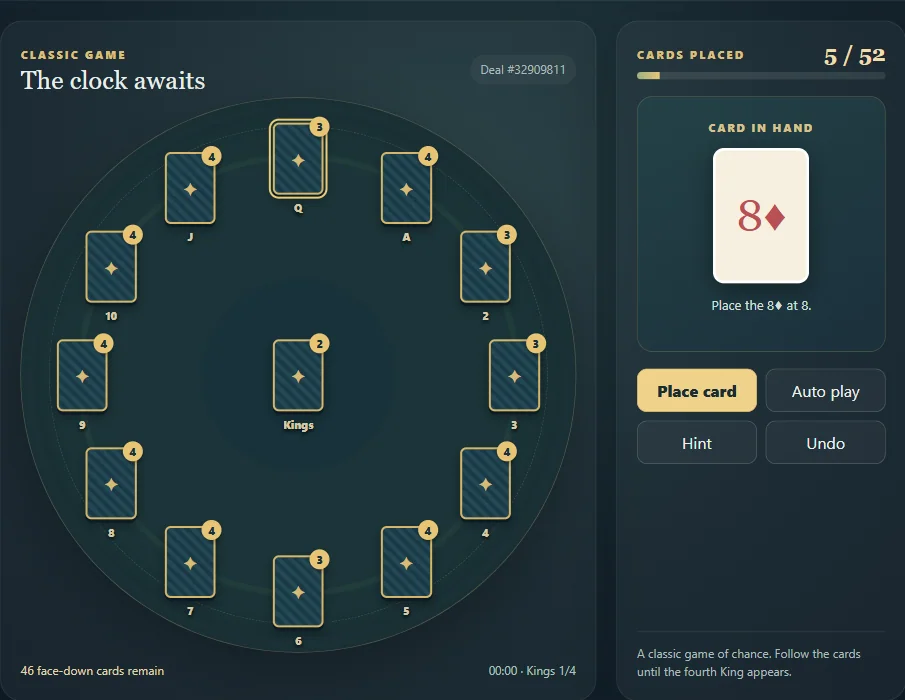 Clock Solitaire with a revealed card and placement progress around the clock. Scene 1.