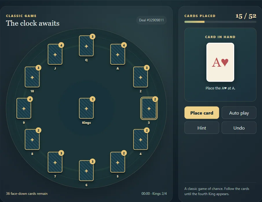 Clock Solitaire with a revealed card and placement progress around the clock. Scene 2.