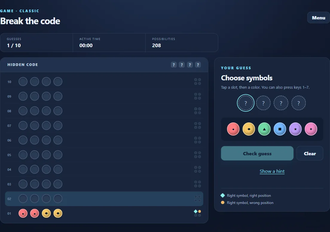 Classic Code Breaker with 1 checked guesses and position clues.
