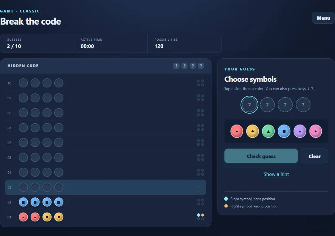 Classic Code Breaker with 2 checked guesses and position clues.