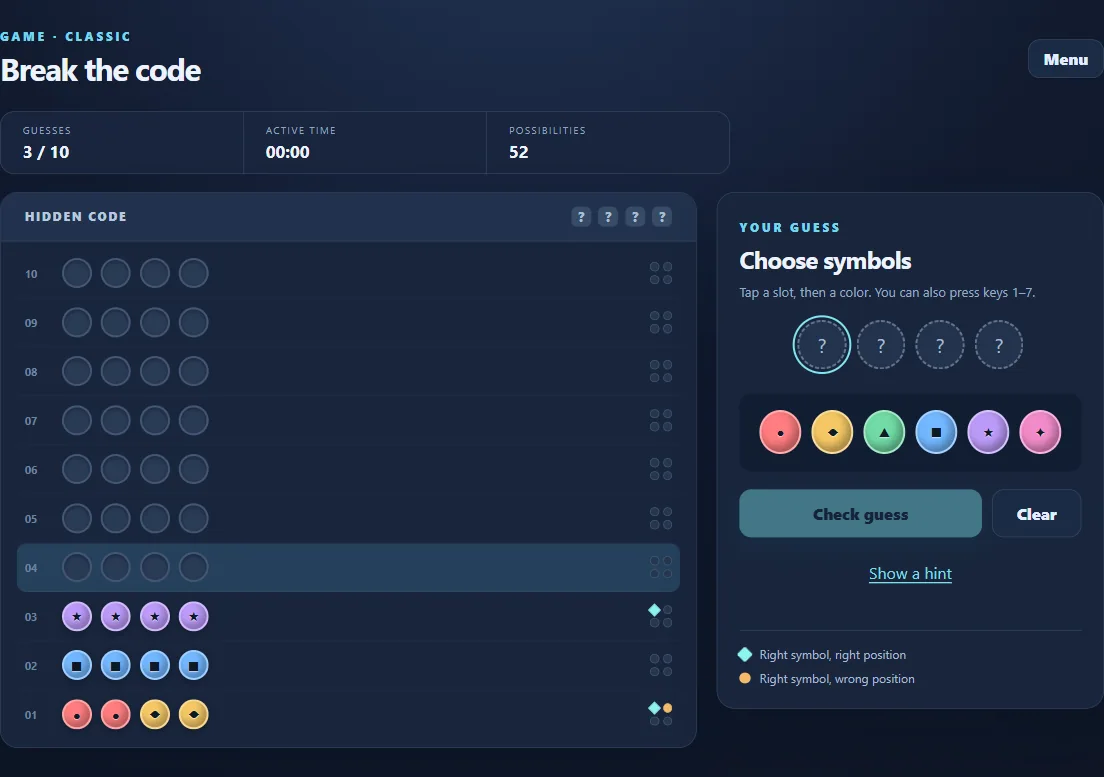 Classic Code Breaker with 3 checked guesses and position clues.