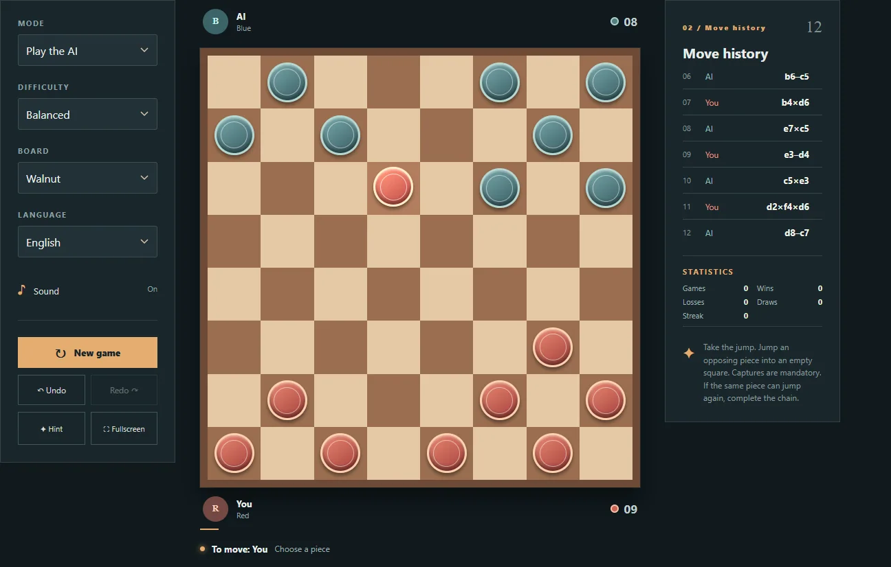 Checkers after 6 player turns