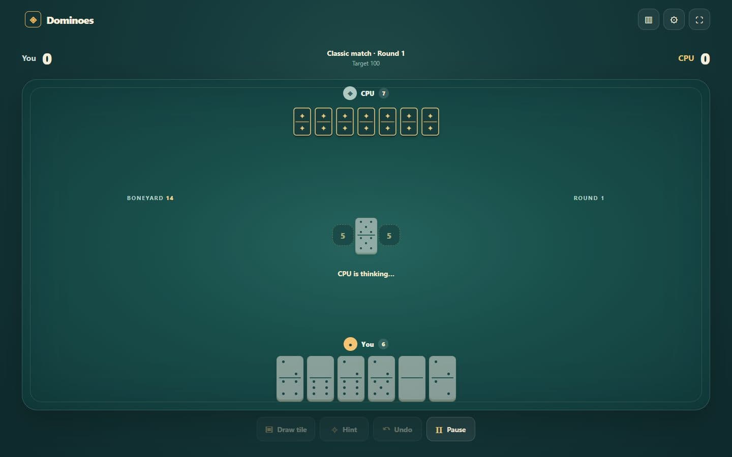 Dominoes tile table with the Spanish interface