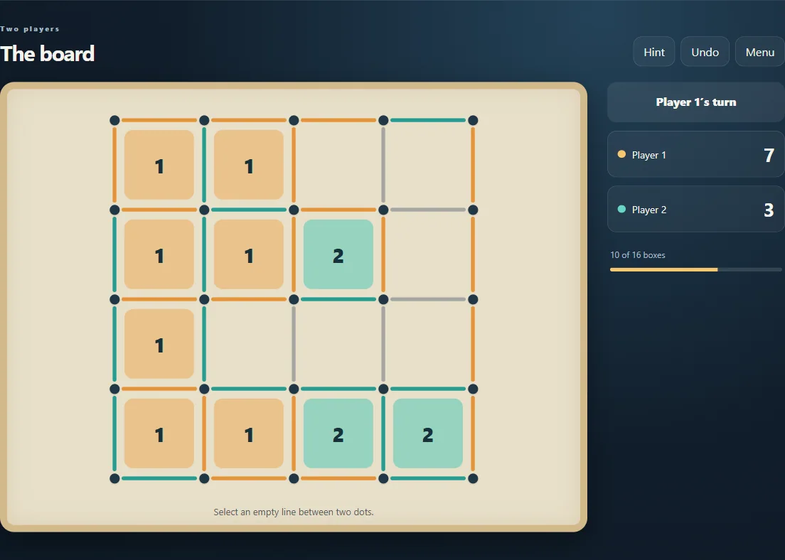 Dots and Boxes with 10 of 16 boxes claimed, both players’ edges and score counters.