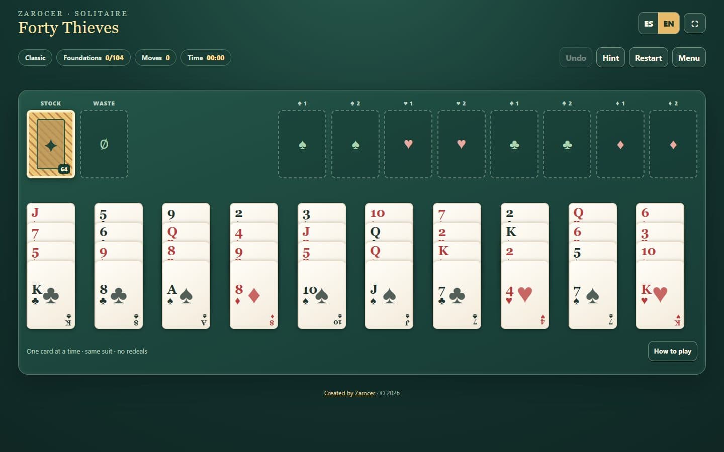 Opening Forty Thieves Solitaire board with dealt cards.