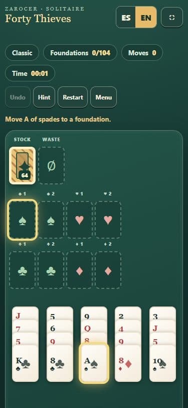 Forty Thieves Solitaire game on a mobile screen.
