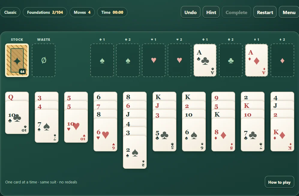 Forty Thieves after four moves with two cards on foundations