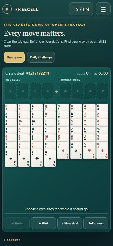 FreeCell Solitaire game on a mobile screen.