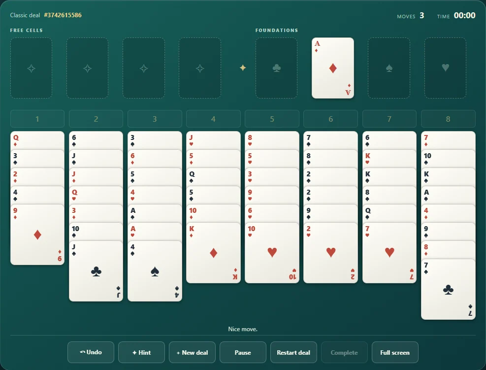 FreeCell after three moves with a card on its foundation