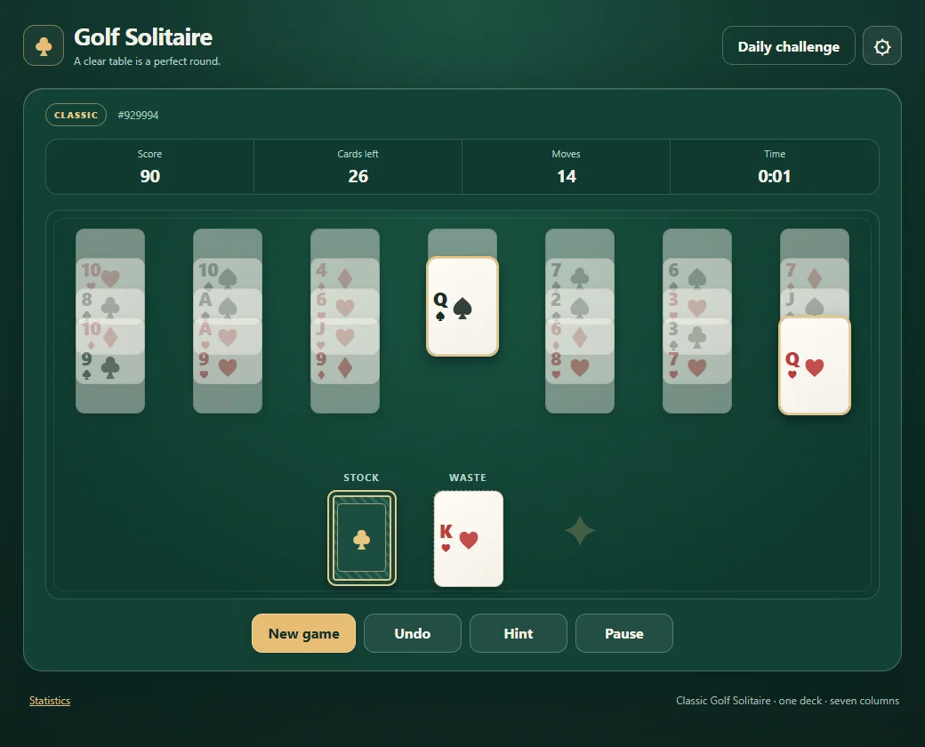 Golf Solitaire after nine cards shorten the columns