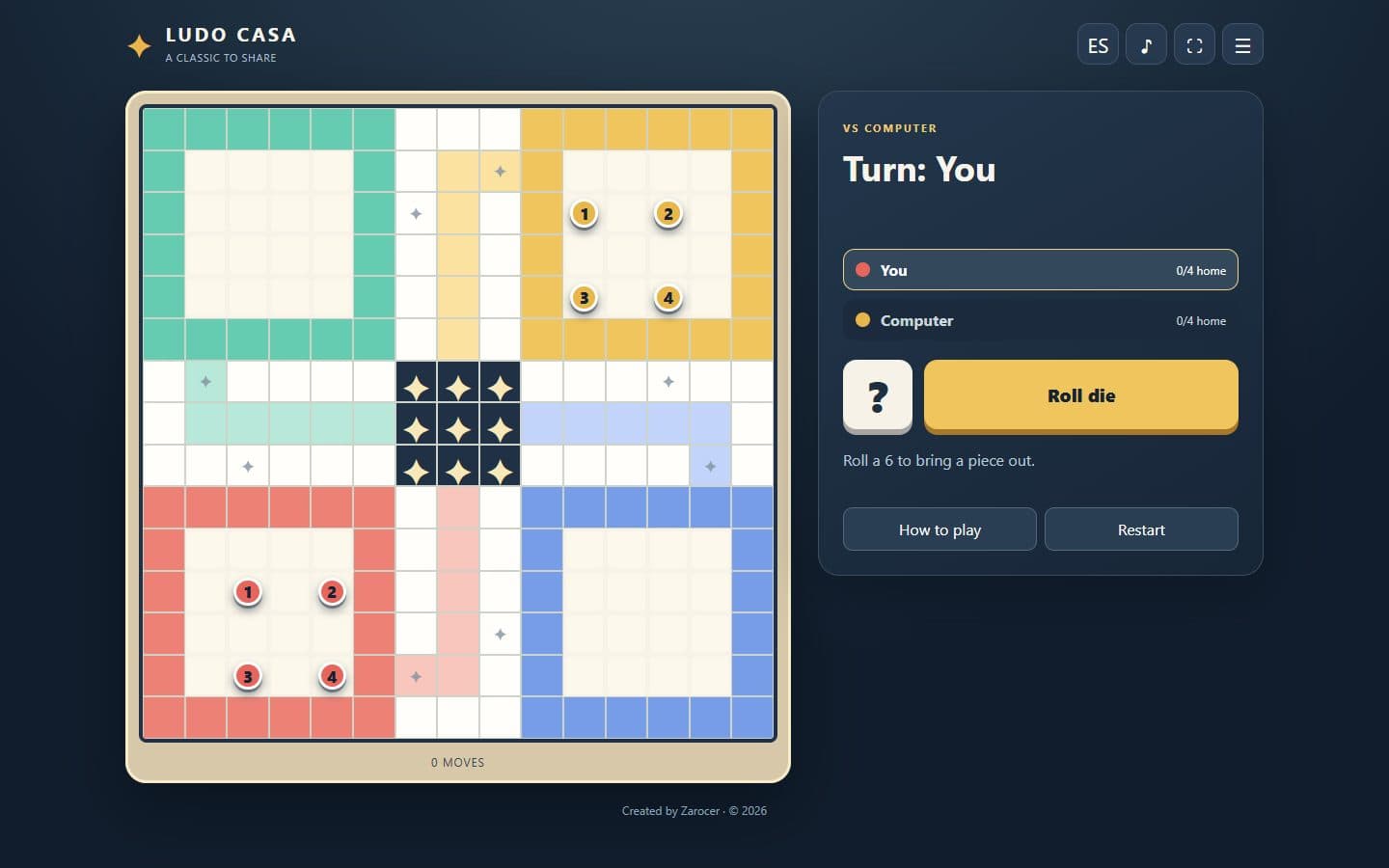 Opening Ludo Casa game in English.