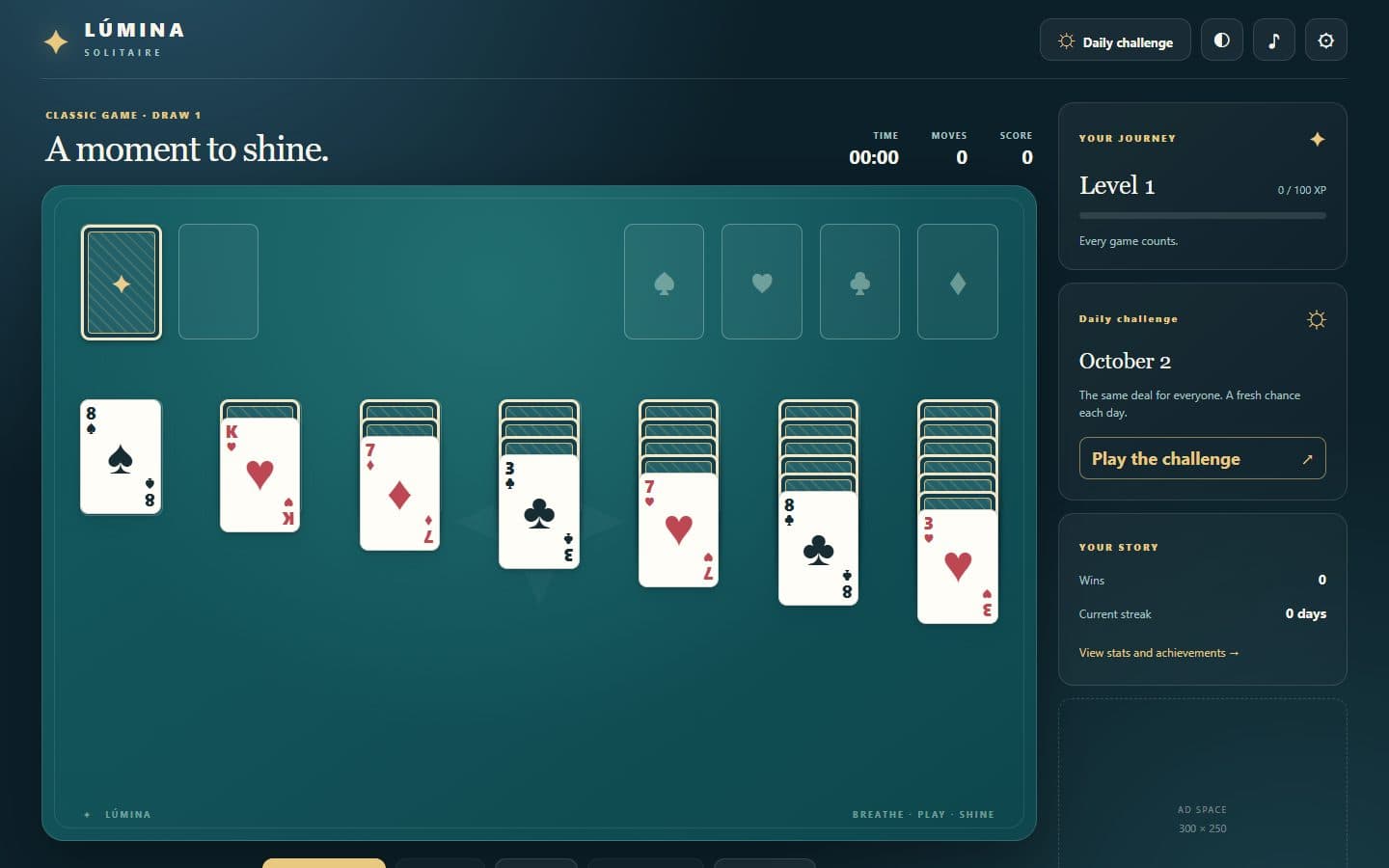 Lumina Solitaire table with the seven Klondike tableau columns