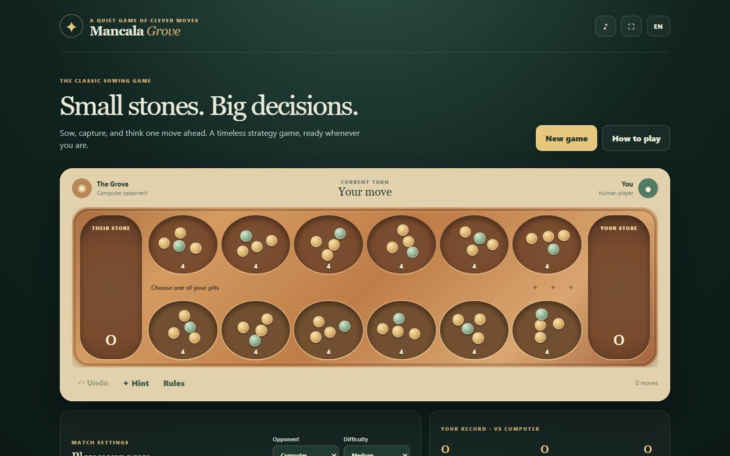 Opening Mancala Grove board before a move.