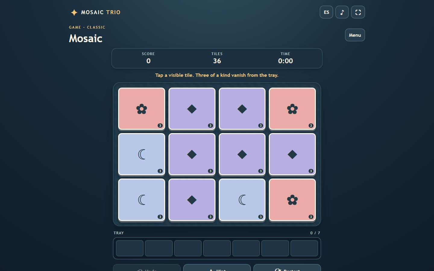 Mosaic Trio board ready for play.