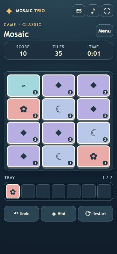 Mosaic Trio game on a mobile screen.