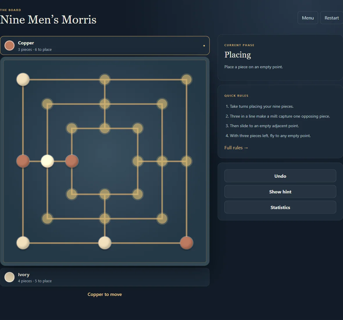 Nine Men’s Morris with 7 pieces on the board, during placement.