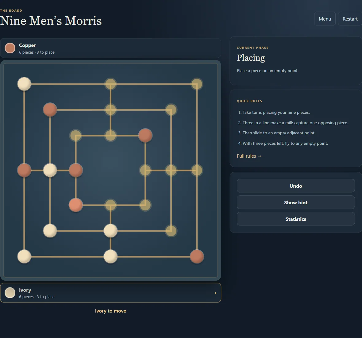 Nine Men’s Morris with 12 pieces on the board, during placement.