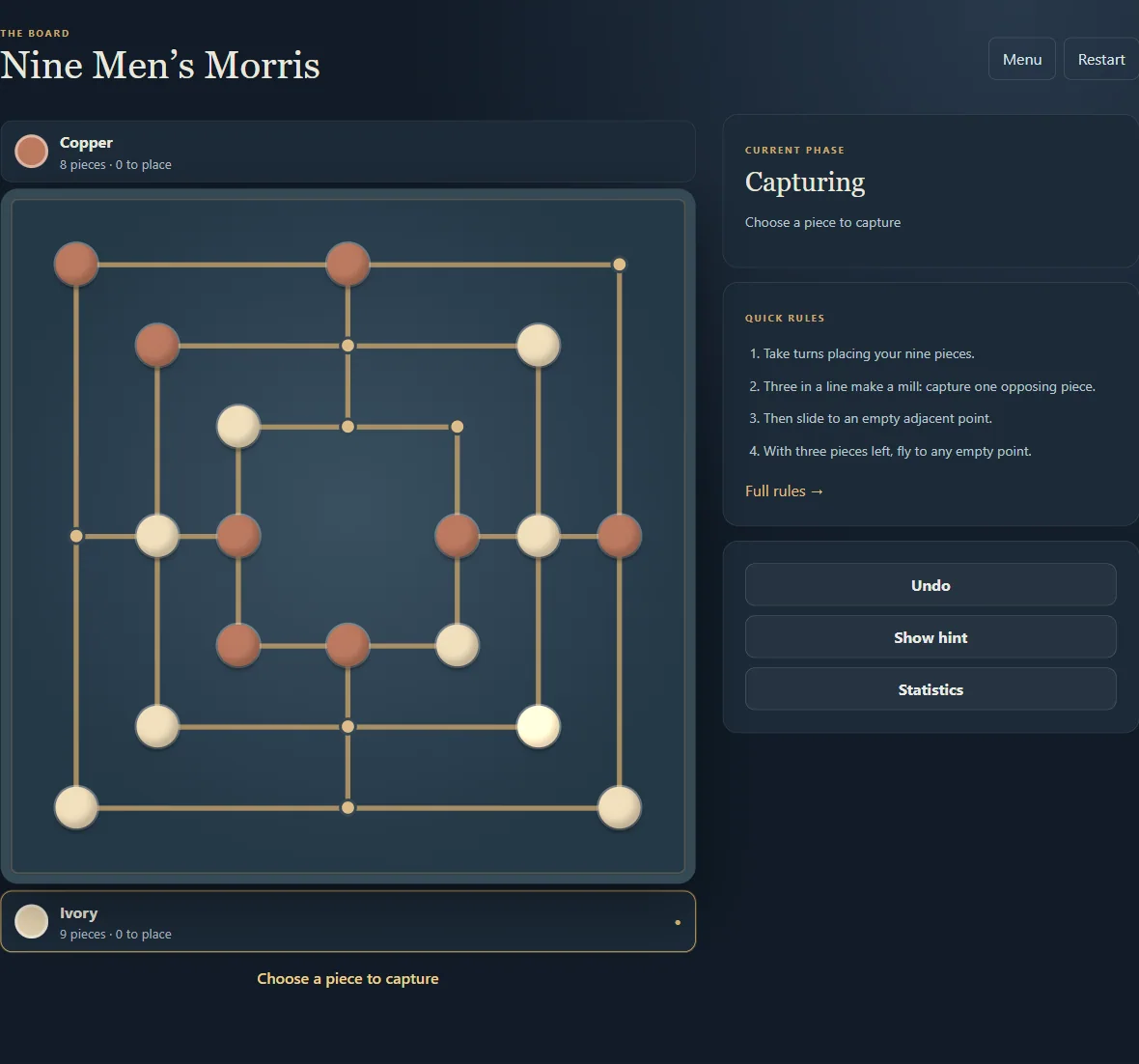 Nine Men’s Morris with 17 pieces on the board, a completed mill and an available capture.