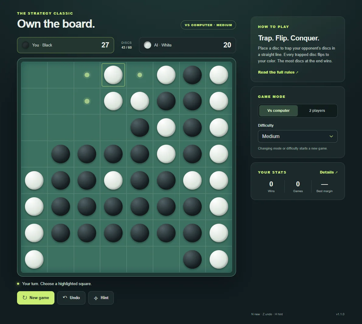 Reversi after 20 player turns