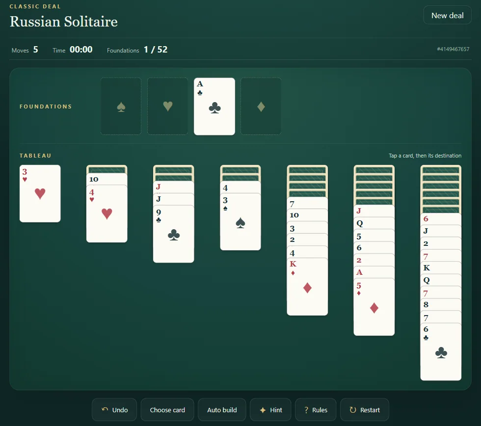 Russian Solitaire board, position 1 in actual gameplay with dealt cards and visible foundations.