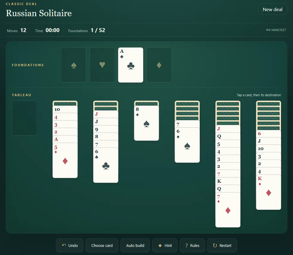 Russian Solitaire board, position 2 in actual gameplay with dealt cards and visible foundations.