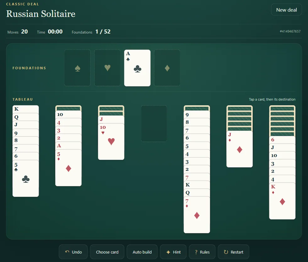 Russian Solitaire board, position 3 in actual gameplay with dealt cards and visible foundations.