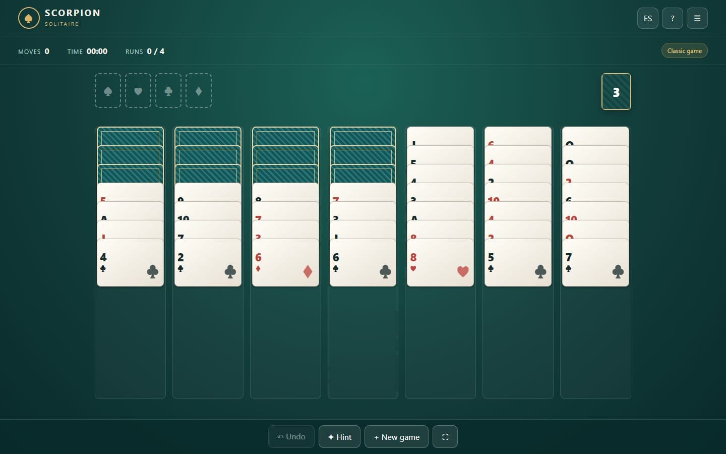 Opening Scorpion Solitaire board with dealt cards.