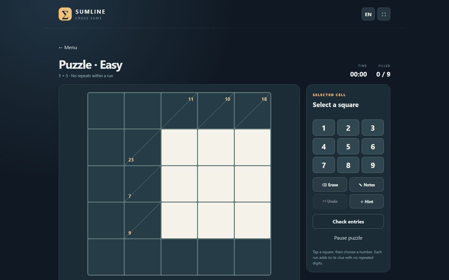 Sumline: Cross Sums board ready for play.