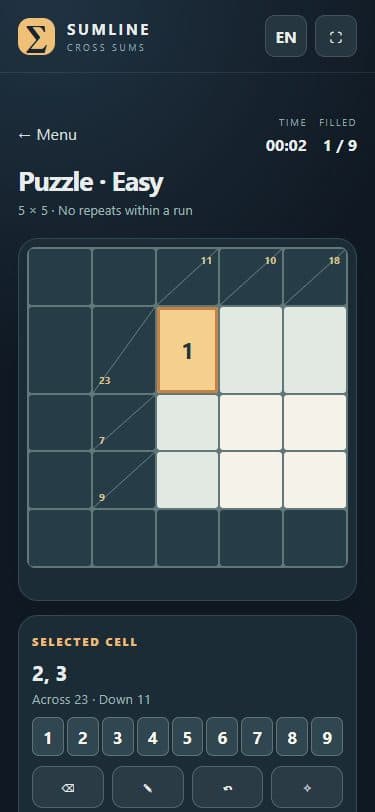 Sumline: Cross Sums game on a mobile screen.