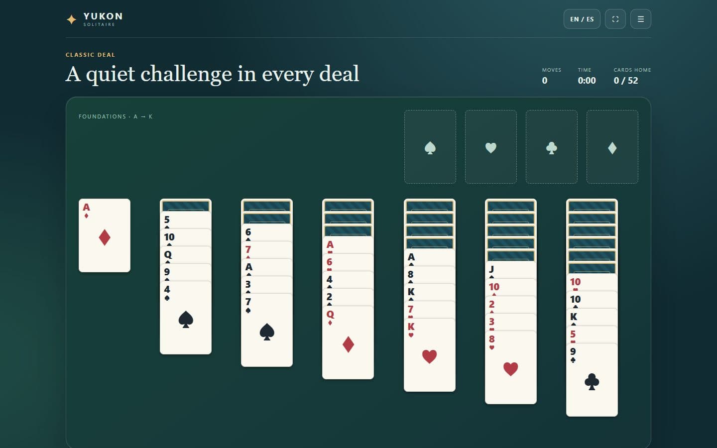 Opening Yukon Solitaire board with dealt cards.