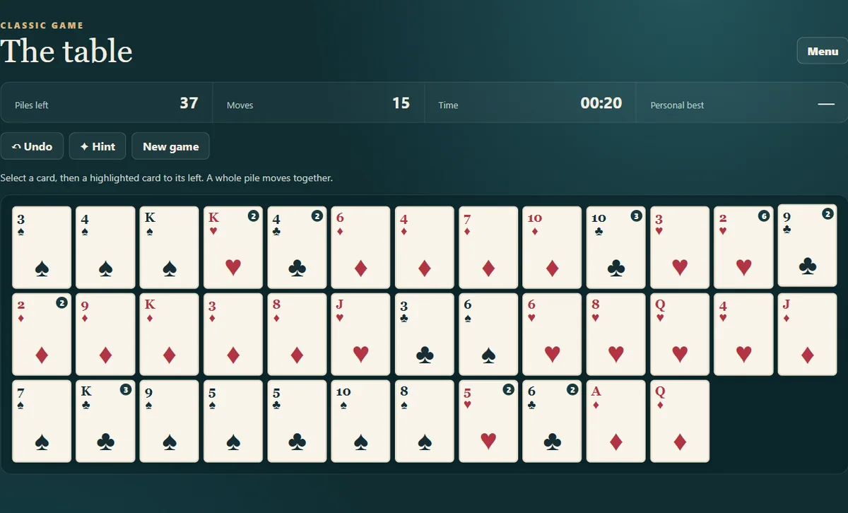 Accordion Solitaire with fewer piles after one-position and three-position moves. Scene 1.