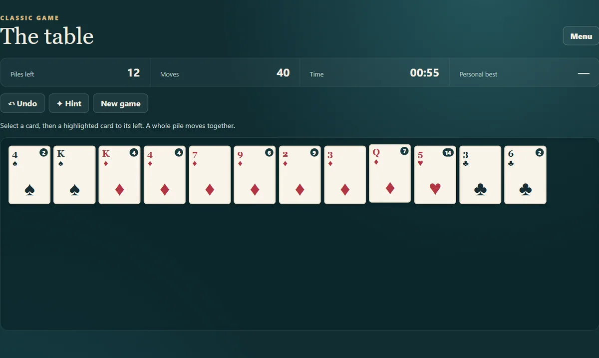 Accordion Solitaire with fewer piles after one-position and three-position moves. Scene 3.