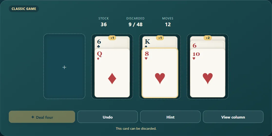 Aces Up with four columns, exposed cards and the discard counter. Scene 1.
