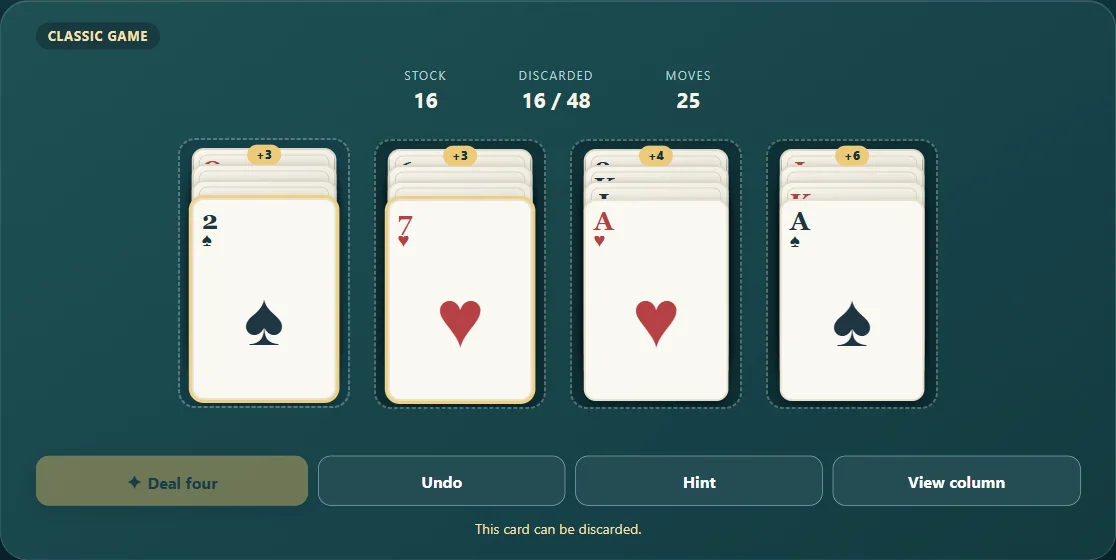 Aces Up with four columns, exposed cards and the discard counter. Scene 2.