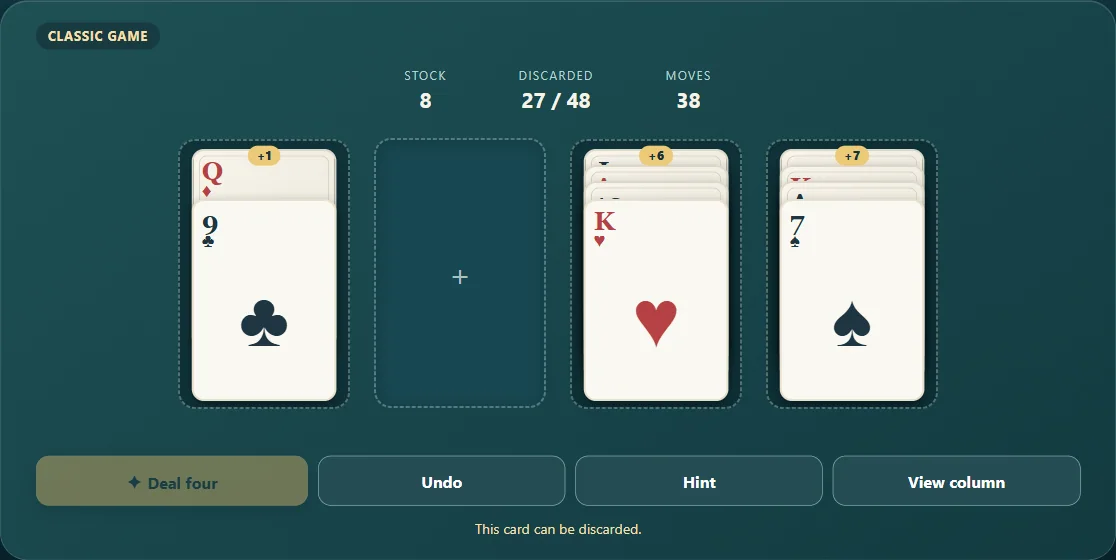 Aces Up with four columns, exposed cards and the discard counter. Scene 3.