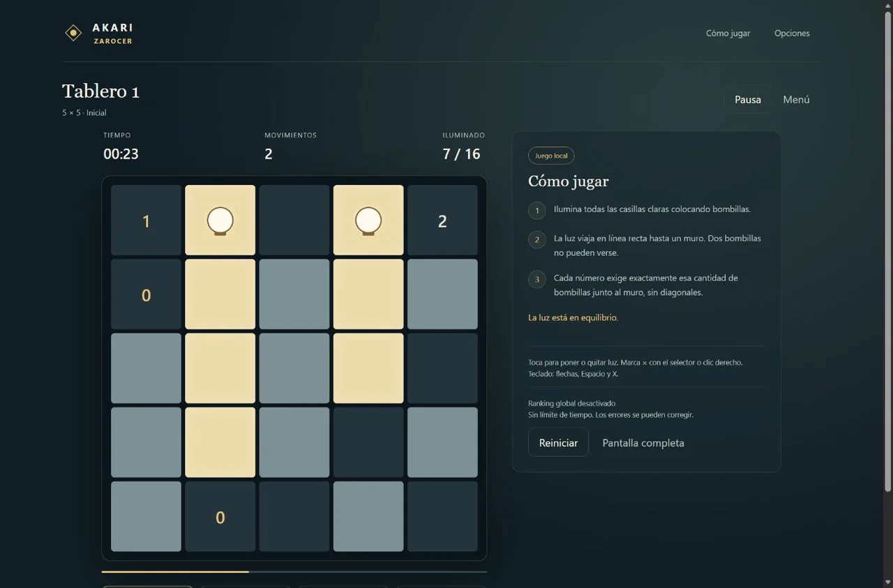 Akari bulbs and numbered clues during a game